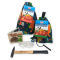 Children's fossil hunting kits, Geological hammer with book, magnifiying glass and safety glasses all stored in dinosaur canvas bags
